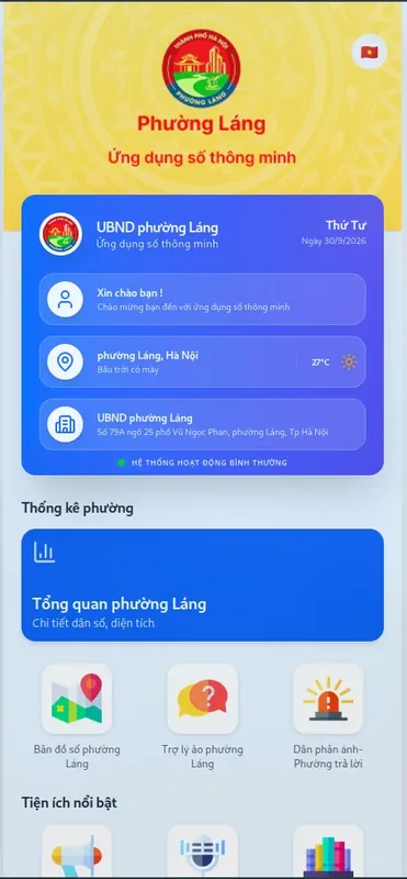 Trang chủ ứng dụng: bản đồ số, trợ lý ảo và mục dân phản ánh.