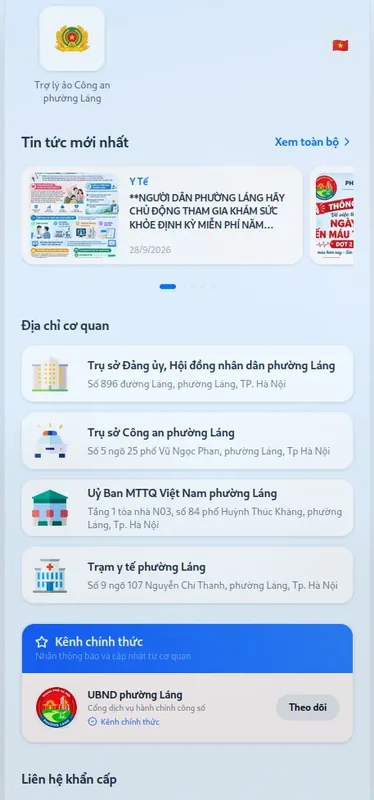 Danh sách tiện ích nổi bật: bản tin, truyền thanh thông minh, thư viện pháp luật.
