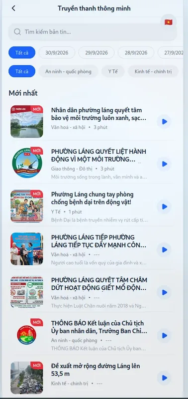 Bản tin truyền thanh thông minh với bộ lọc theo ngày và lĩnh vực.