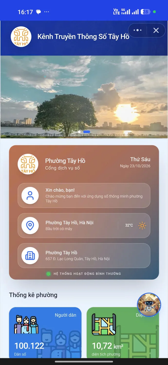 Trang chủ Tây Hồ số: lời chào, thời tiết, địa chỉ phường và thống kê dân số, diện tích.